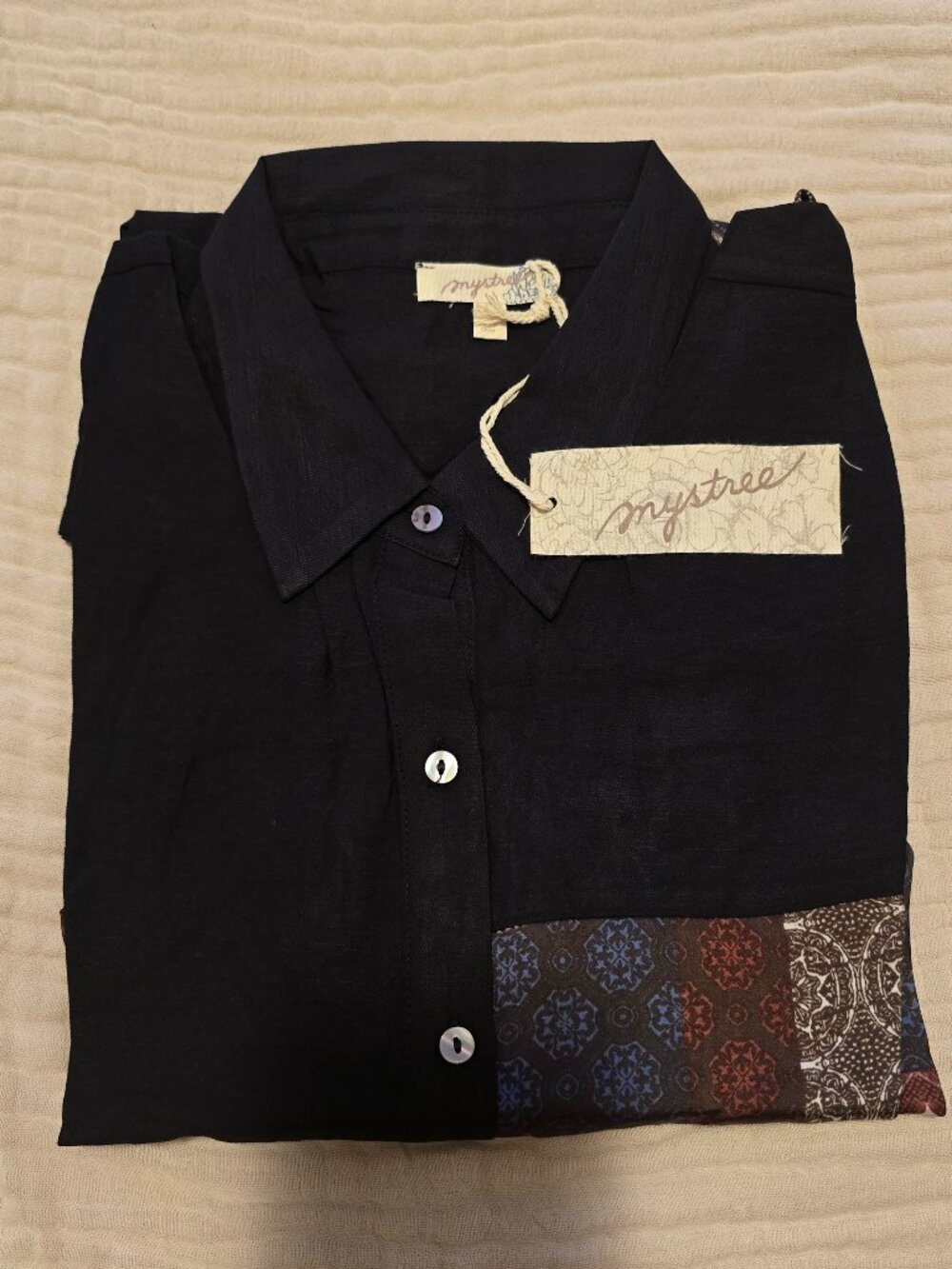 Mystree Patchwork Contrast Sleeve Button-Down Top - NWT Black
